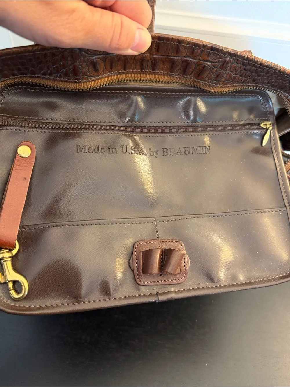 Vintage Brahmin Brown Croc-Embossed Leather Satchel Handbag